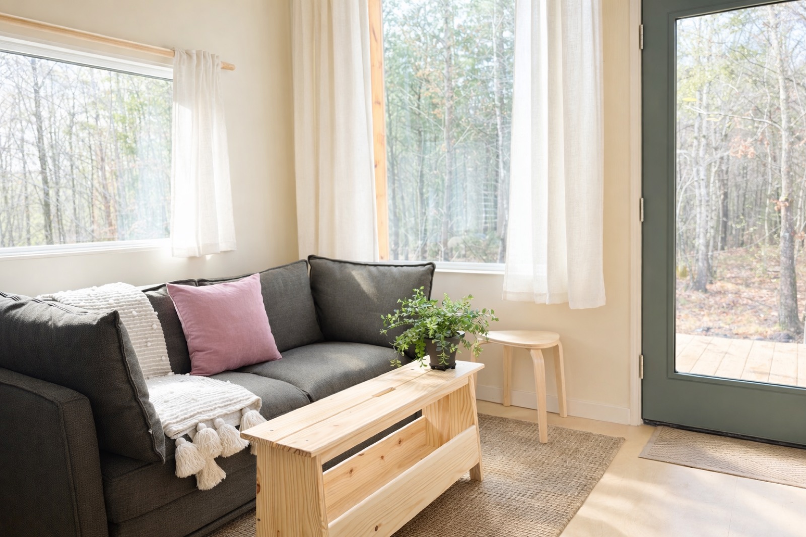 Warm, restrained living-room interior
